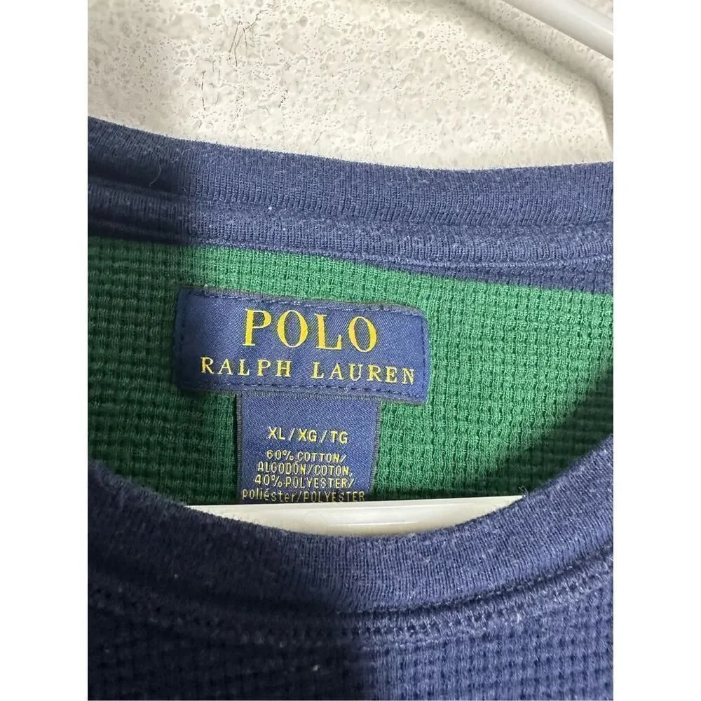 Polo Ralph Lauren Shirt Adult Striped Green Blue Waffle Knit Long Sleeve Size XL